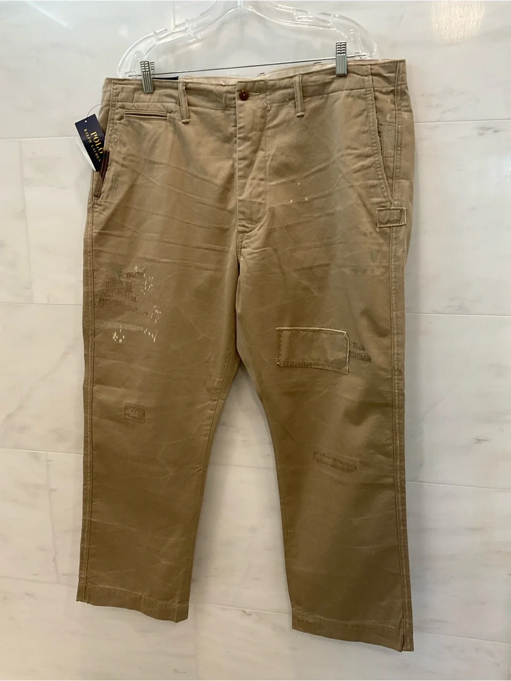 POLO Ralph Lauren KHAKI Distressed Repaired Relaxed Fit Chino Pants sz 38-30 T86